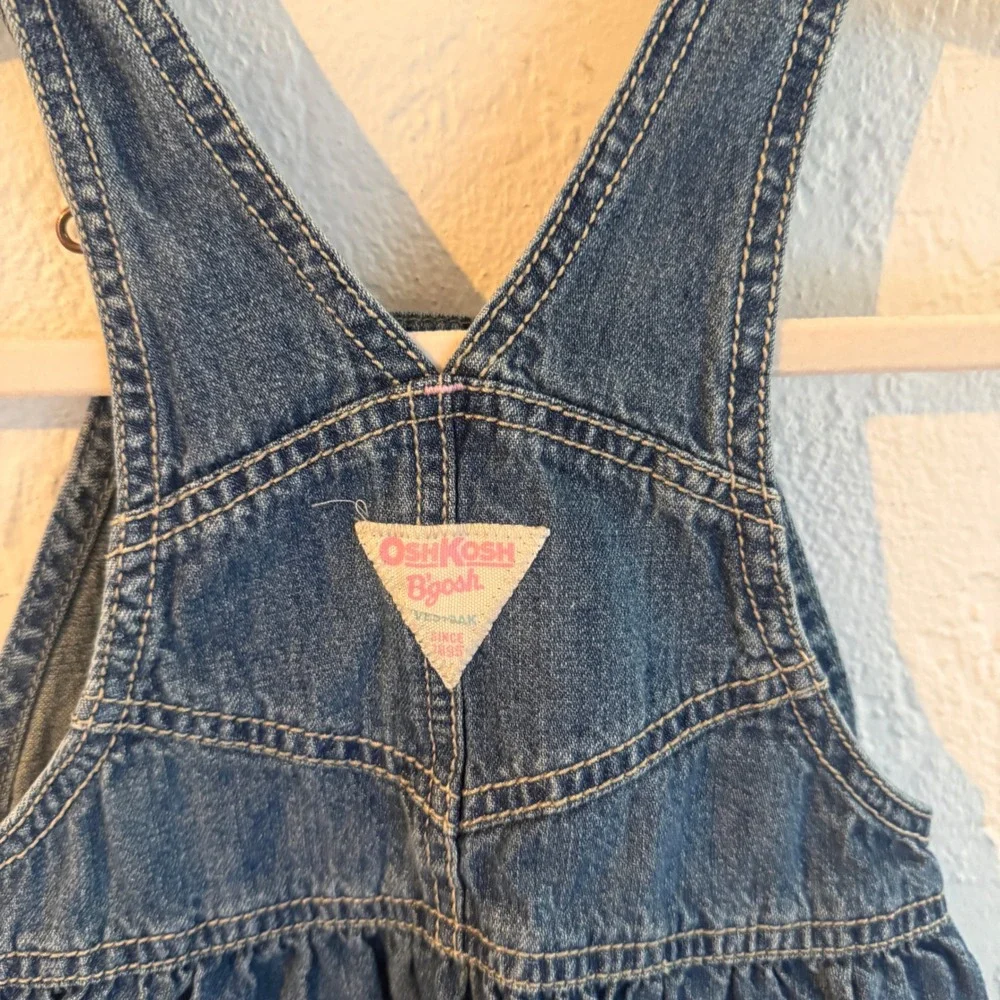 OshKosh B'gosh Girls Blue Denim Floral Embroidered Overall Dress Jumper Toddler2